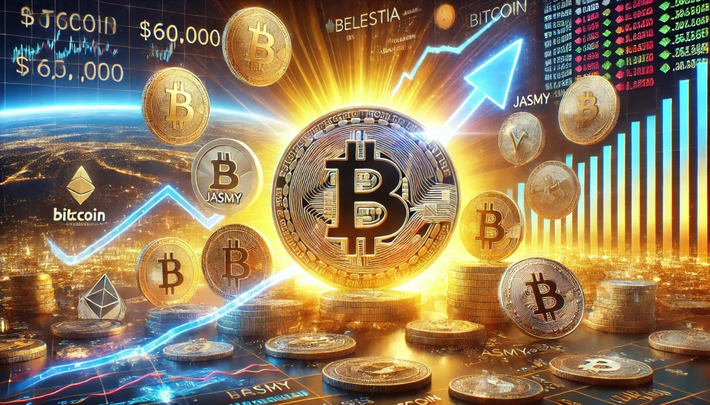 Bitcoin Surges to $60k as Altcoins Celestia, Jasmy, Pepe, and MOTHER Iggy Lead the Market Rally